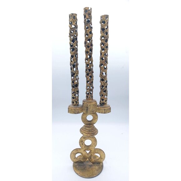 Vintage Gothic Brutalist Steampunk 3 Candle Metal Candelabra Pierced Design 16" - Picture 8 of 12